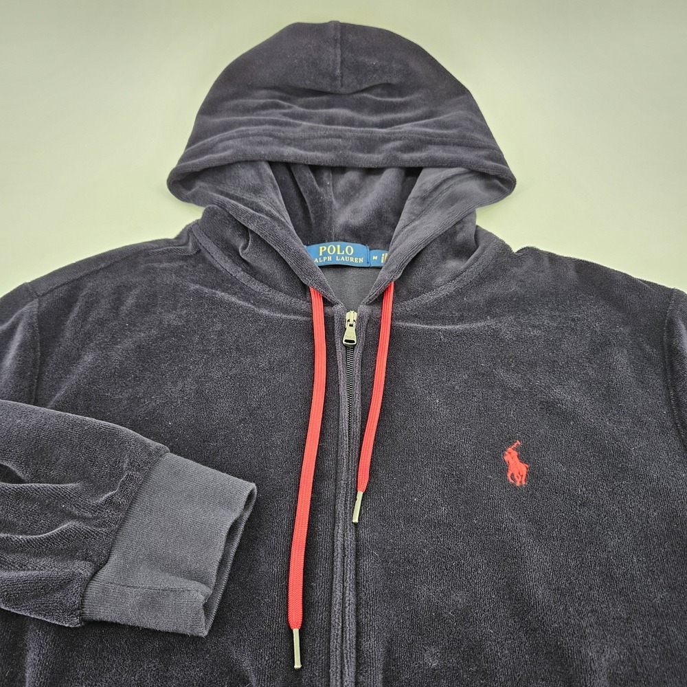 Polo Ralph Lauren Velour Full Zip Hoodie Jacket Black Orange Pony Medium M Women